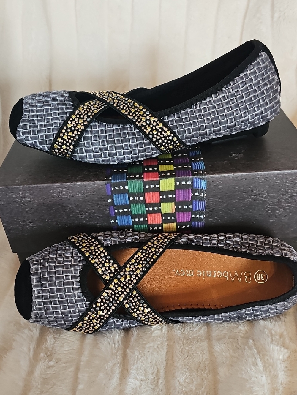 bernie mev. Gray Woven Ballet Flats with Gold Rhinestone Crisscross Straps